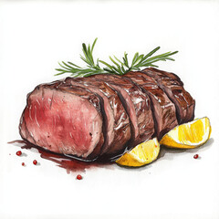 Juicy roast beef with lemon slices and fresh herbs, perfect for meals