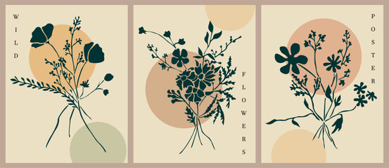 Set of Boho aesthetic botanical wall arts. Retro posters for Scandinavian, Japandi interior design. Vector line art illustrations in pastel beige colors with wild flower bouquet black silhouettes.