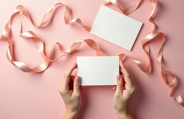 Obraz premium Top view of woman hands holding blank paper cards, silk ribbon on pastel pink background. Feminine design for Valentine Day, romantic holidays, wedding invitation with copy space.