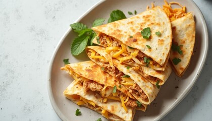 Delicious homemade quesadillas with cheese and meat filling on plate