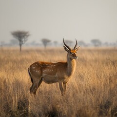 Fototapeta premium Graceful red lechwe deer standing still in a field with beautiful natural scenery captured at a distance