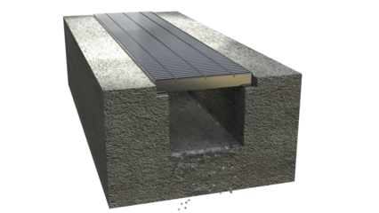 steel grating installed on a U-shaped gutter with flow water image, created using 3D modeling of photorealistic materials and transparent png file.