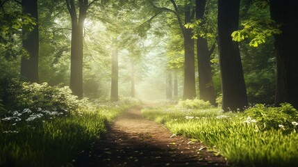 Obraz premium A peaceful and charming wooded trail, illuminated in mellow, filtered sunlight.
