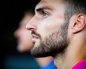 Obraz premium Urban Masculinity Profile Textured Beard, Soft Lighting and Minimalist Color Blocking - Contemporary Portrait Exploring Identity and Personal Expression