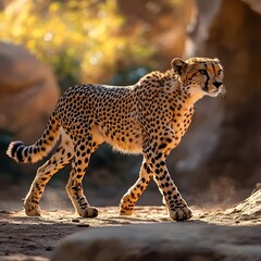 Fototapeta premium A majestic cheetah walking gracefully in a full body shot captured from the side against a natural background