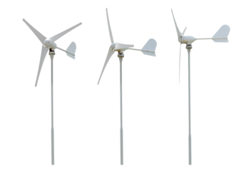 High Power Wind Turbine Generator.  Windmills for eco energy. Three wind turbines isolated on transparency background. Windmill for electric power production