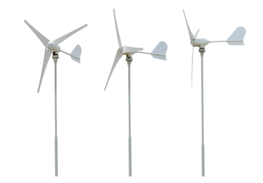 High Power Wind Turbine Generator. Windmills for eco energy. Three wind turbines isolated on transparency background. Windmill for electric power production