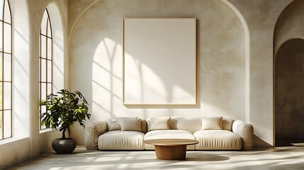 An empty rectangular frame mockup in a cream color, placed on the wall of a modern living room with three walls without windows. A beige sofa and a round coffee table are near it