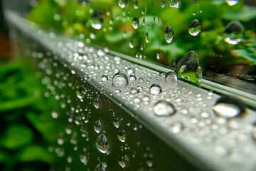 Ultra macro shot of dewdrops forming on the glass of a greenhouse, reflecting lush greenery and natural light