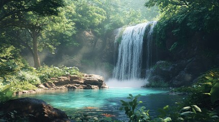Serene Waterfall in Lush Tropical Paradise