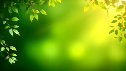 Obraz premium Sunlit green leaves with dewdrops on a vibrant blurred background, perfect for nature and eco-friendly themes.