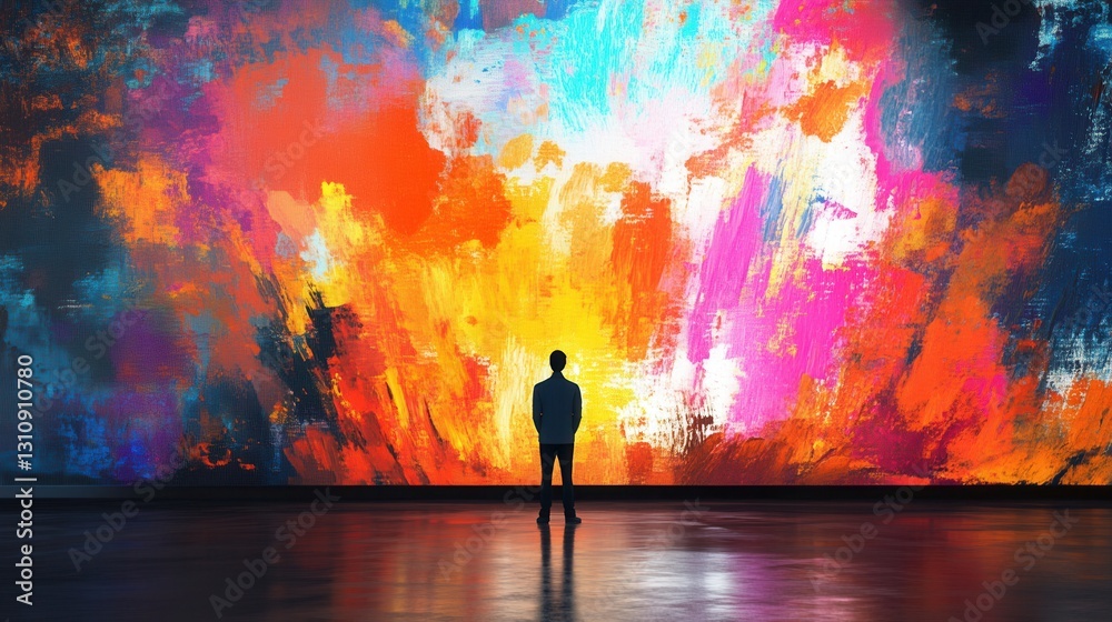 Poster Creative expression in vibrant colors as an artist stands before a giant canvas filled with energetic paint splashes and dynamic hues