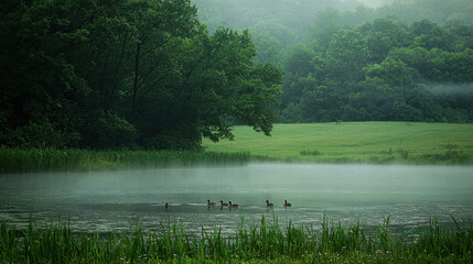 Calm and picturesque lake scene featuring ducks swimming gracefully in the early morning mist and reflections