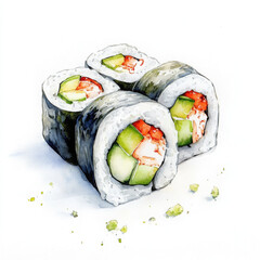 Fresh sushi rolls with cucumber and tomato, beautifully illustrated