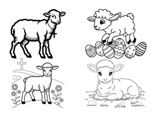 Fototapeta premium Easter Lamb Line Art with Cross & Floral Elements – Christian Spring Design