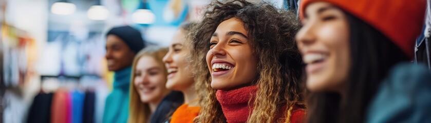 Obraz premium A group of cheerful women stands in a row inside a vibrant store, all smiling brightly at the camera. Their diverse styles and expressions convey a sense of joy and camaraderie.