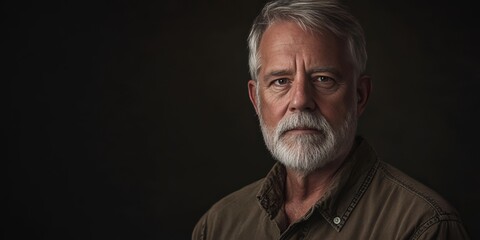 Portrait of a Mature Man with a Thoughtful Expression Against a Dark Background