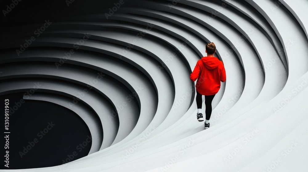 Poster dynamic minimalist journey red jacket silhouette navigating surreal architectural curve - gen z insp