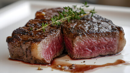 Premium A5 Wagyu Steak Lightly Kissed by Flames with Herbs on Elegant Plate Display