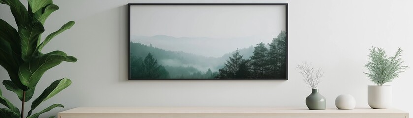 A modern indoor scene with a framed landscape photograph hanging above a light-colored cabinet.