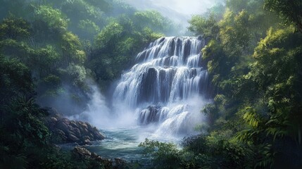 Fototapeta premium Serene Waterfall in Lush Green Forest