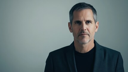 Obraz premium Confident Middle-Aged Man in a Stylish Black Jacket Against a Neutral Background