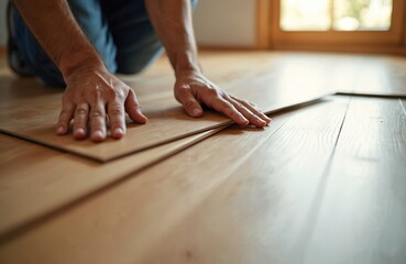 Close-up of worker hands installing laminated wood floor panels. Pro laminate flooring installation services in apartment home. Repairman restores parquet with light brown wooden board planks during