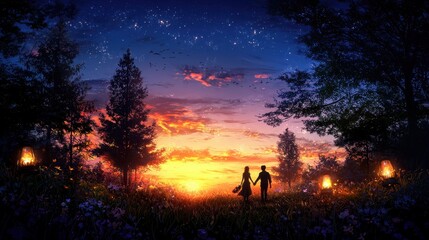Obraz premium Romantic Couple Holding Hands on a Warm Sunset Walk in a Scenic Nature Setting