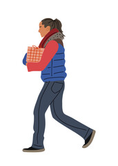 Woman carrying gift box with Christmas, New Year, Birthday, Valentines Day present. Pretty girl in warm casual clothes walking side view. Flat graphic vector illustration isolated