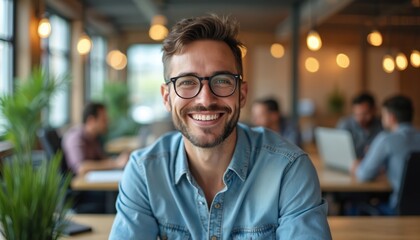 Obraz premium Smiling man with glasses in modern office space. Happy businessman collaborating with coworkers. Young male entrepreneur looks confident in shared workspace. Positive, professional at workplace.