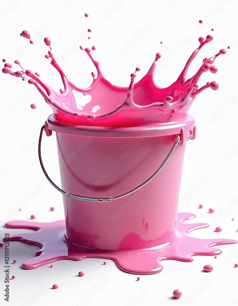 Aufkleber Pink paint splashing in bucket with dynamic splash and glossy drops. Vibrant, bright color in studio setting. Isolated container with fluid overflow. Fresh liquid for modern art.