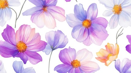 Fototapeta premium Watercolor Illustration set of Pink cosmos flowers on a white background,spring summer nature,Vibrant pink cosmos blooming,Children's card,banner,raindrops drawn by hand.