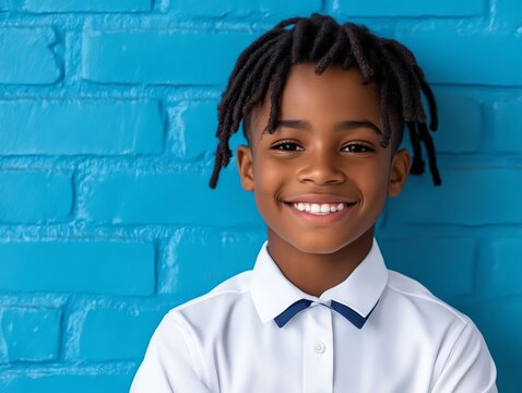 A young boy with dreadlocks smiles at the camera