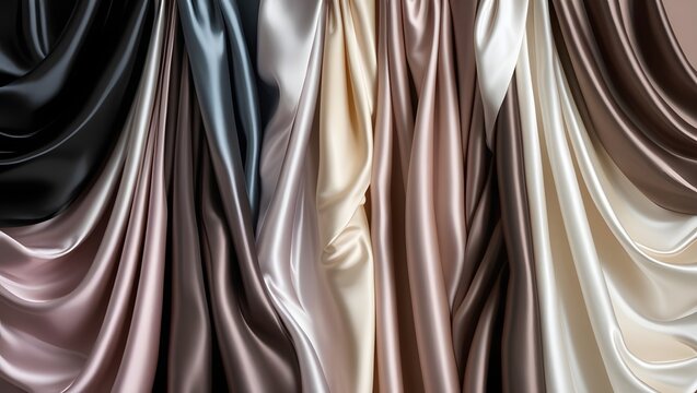 Elegant array of satin fabrics in cascading folds with rich color nuances