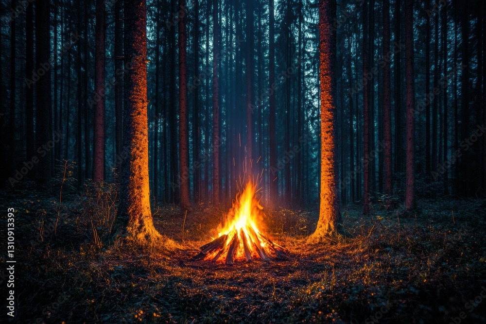 Poster solitary campfire flickers in a forest clearing under a starry night sky with pending space for text