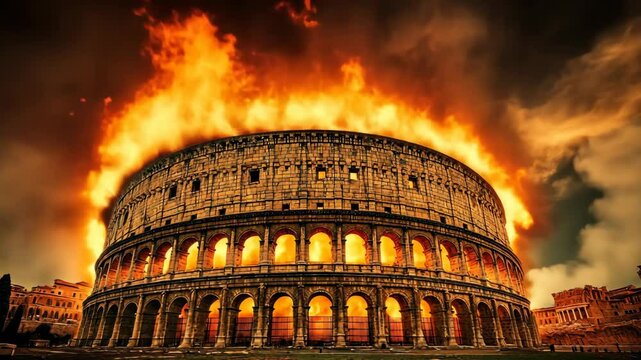 Majestic Roman Colosseum engulfed in flames during a dramatic sunset with vibrant orange sky