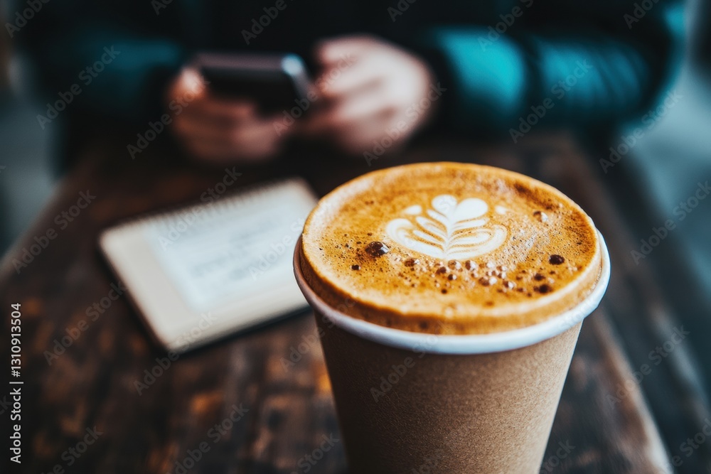Aufkleber Minimalist Digital Nomad Productivity Artisan Latte Art Meets Mobile Workflow - Millennial Remote Work Culture and Creative Cafe Entrepreneurship