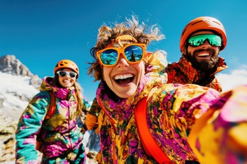 Vibrant Alpine Adventure Diverse Millennial Explorers Redefining Outdoor Performance with Bold Retro-Tech Ski Gear and Infectious Joy
