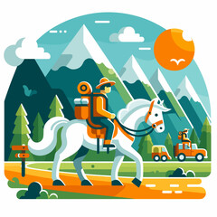 Naklejka premium Traveler on horseback riding through scenic mountain landscape.