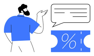 Man gesturing beside a speech bubble and a ticket displaying a percentage symbol. Ideal for marketing, promotions, sales, discounts, conversations, business discussions, and customer engagement