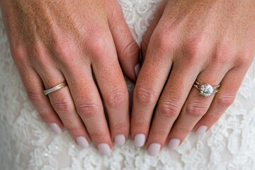 Minimalist Bridal Elegance Delicate Diamond Engagement Rings on Soft Lace - Contemporary Wedding Fashion and Timeless Romantic Symbolism