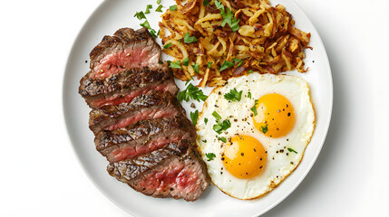 Top Down View of Delicious Breakfast Platter Featuring Steak, Eggs, and Hash Browns