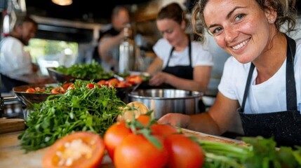 Culinary team prepares fresh ingredients in cozy kitchen