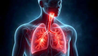 A 3D-rendered illustration of human lungs showing inflammation and constricted airways due to asthma, with a glowing red effect on the affected areas.