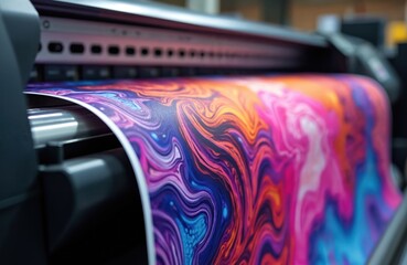 Close-up of colorful banner roll in high-speed printer productivity big ink machines. Commercial posters, vibrant designs printing for advertise agencies, graphic shops, industrial manufacturers.