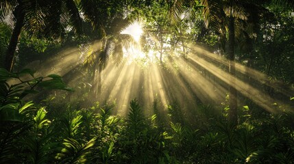 Sunbeams Illuminating Lush Tropical Rainforest
