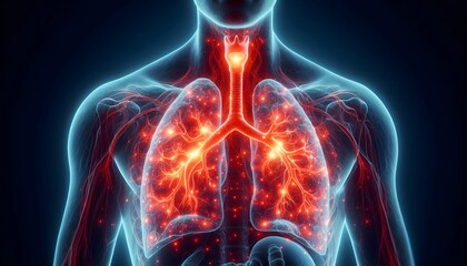 A 3D-rendered illustration of human lungs showing inflammation and constricted airways due to asthma, with a glowing red effect on the affected areas.