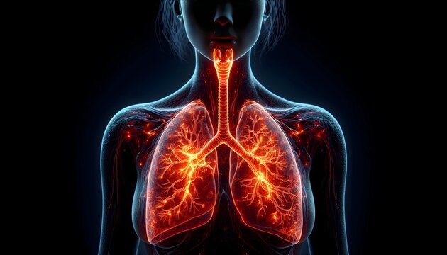 A 3D-rendered illustration of human lungs showing inflammation and constricted airways due to asthma, with a glowing red effect on the affected areas.