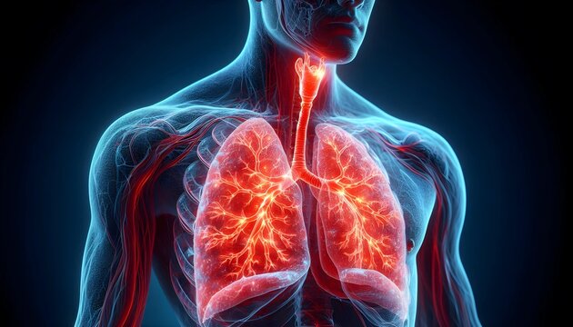 A 3D-rendered illustration of human lungs showing inflammation and constricted airways due to asthma, with a glowing red effect on the affected areas.