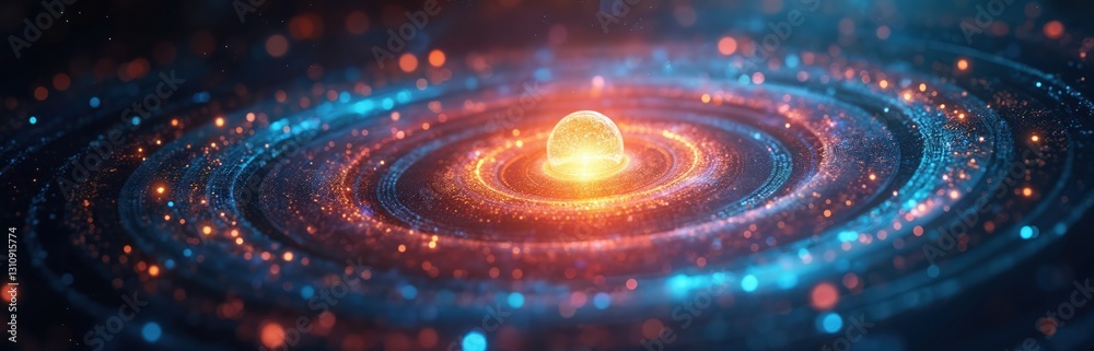 Aufkleber Abstract illustration visualizes atomic structure, electrons orbiting nucleus. Concept of quantum mechanics. Orange glowing core. Scientific visualization of atom, electron orbits around atomic
